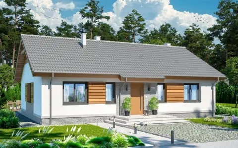 Nowoczesne projekty domów parterowych tanich w budowie. Biały dom z szarym dachem, drewnianymi elementami i zielonym ogrodem.