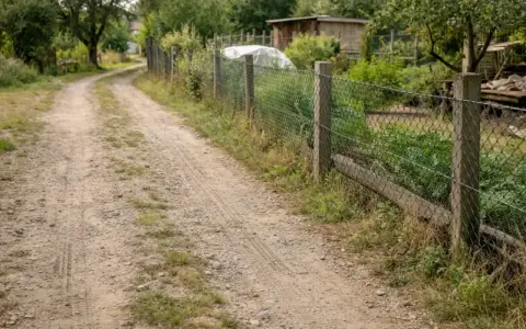 Droga wewnętrzna biegnie wzdłuż siatkowego ogrodzenia, wyznaczając minimalną odległość od granicy działki.
