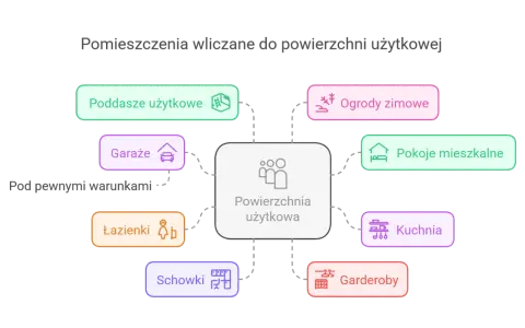 Diagram wyjaśnia, czy garaż wlicza się do powierzchni użytkowej, pokazując inne pomieszczenia jak kuchnia, łazienki, pokoje mieszkalne.