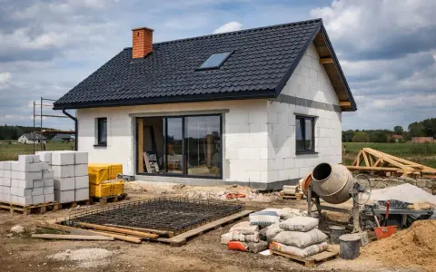 Budowa domu 80 m: bloczki, cement, zbrojenie i betoniarka czekają na rozpoczęcie prac.
