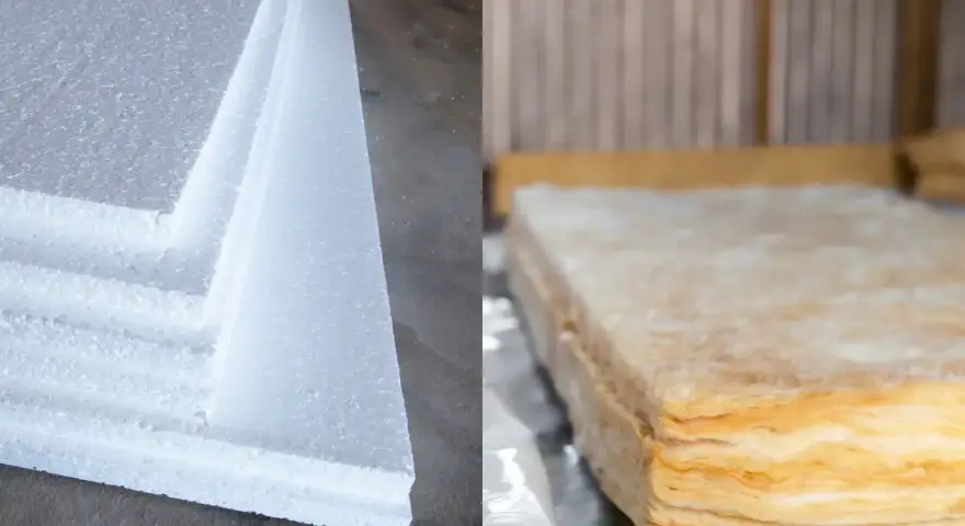 Białe płyty styropianu obok warstwowej wełny mineralnej. Wybór materiału izolacyjnego: wełna czy styropian?
